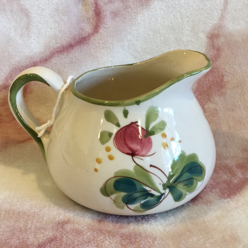 Floral Ceramic Pitcher made in Portugal RS 7” X 6” X 5” tall. Has crack see pics